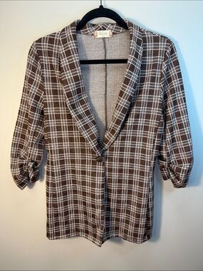 Altar'd State Brown and White Plaid Single-Button Shawl Collar Blazer